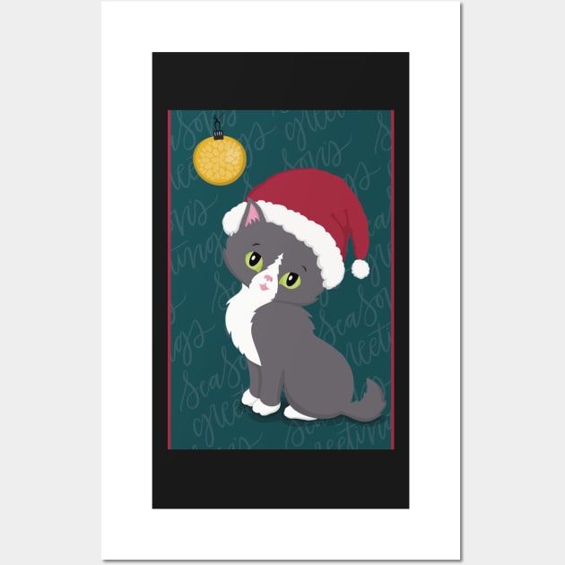 Cute Christmas card with a little kitten in a Christmas hat looking at a bauble. Wall Art by marina63